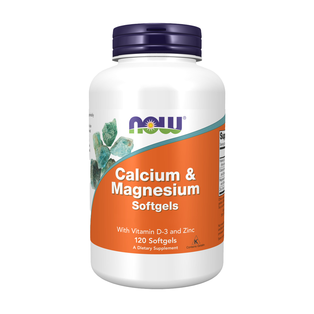 now foods calcium magnesium 120 softgels forside