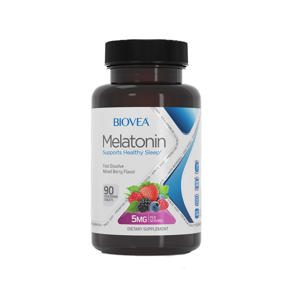 biovea melatonin hurtigt opløsende 5mg bær 90 tabletter packshot