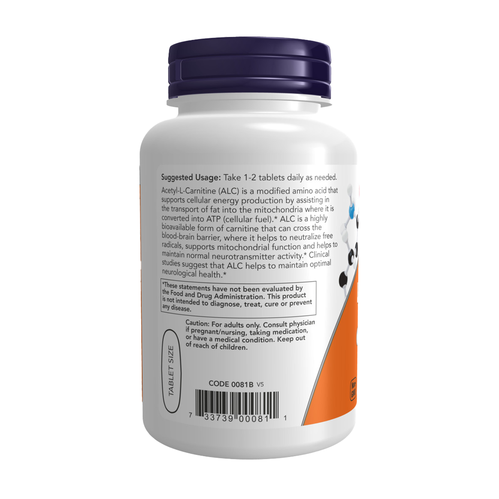 NOW Foods Acetyl-L- Carnitine 750 mg 90 tabletten Achterkant