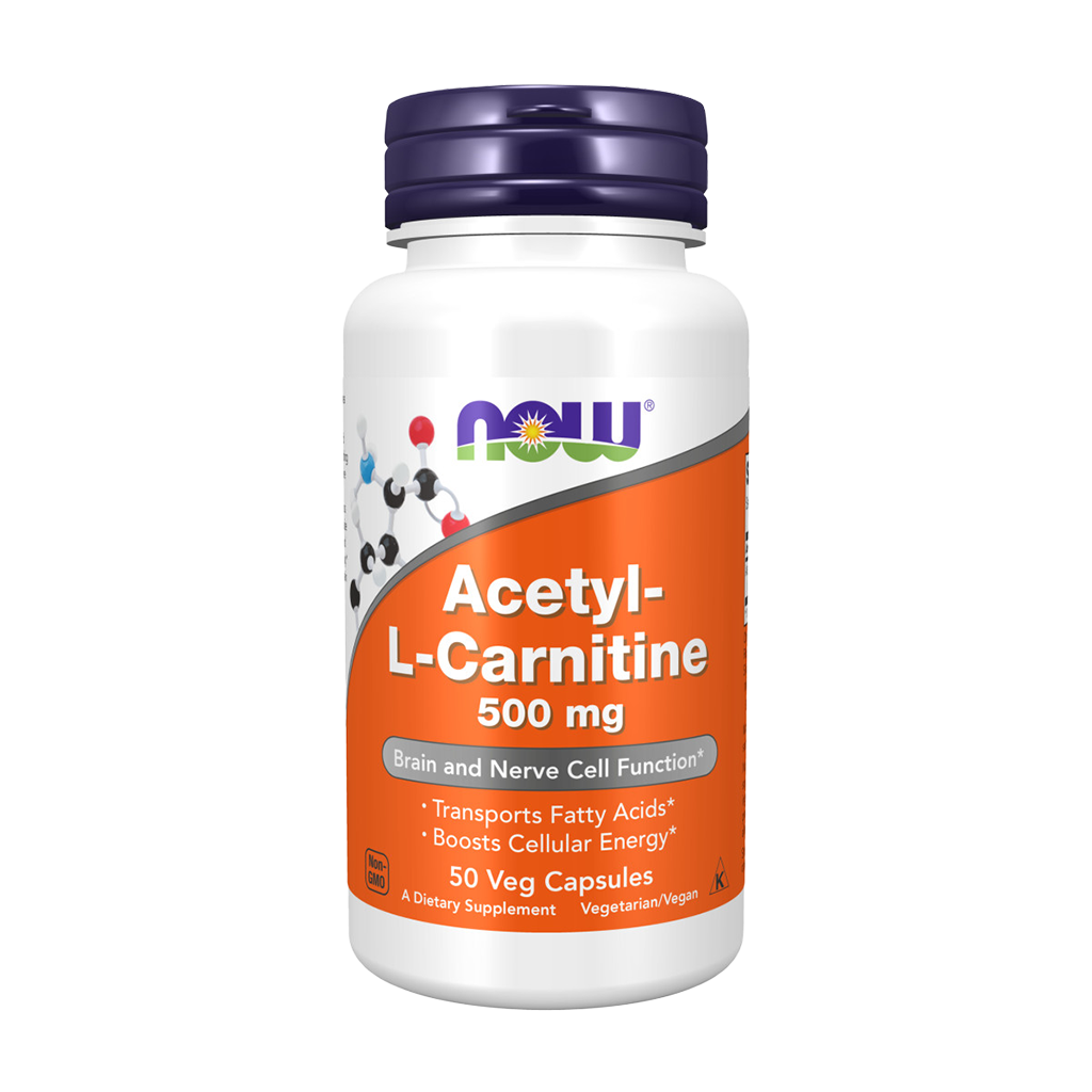 NOW Foods Acetyl-L-Carnitin 500 mg Vegetariske kapsler Front Cover
