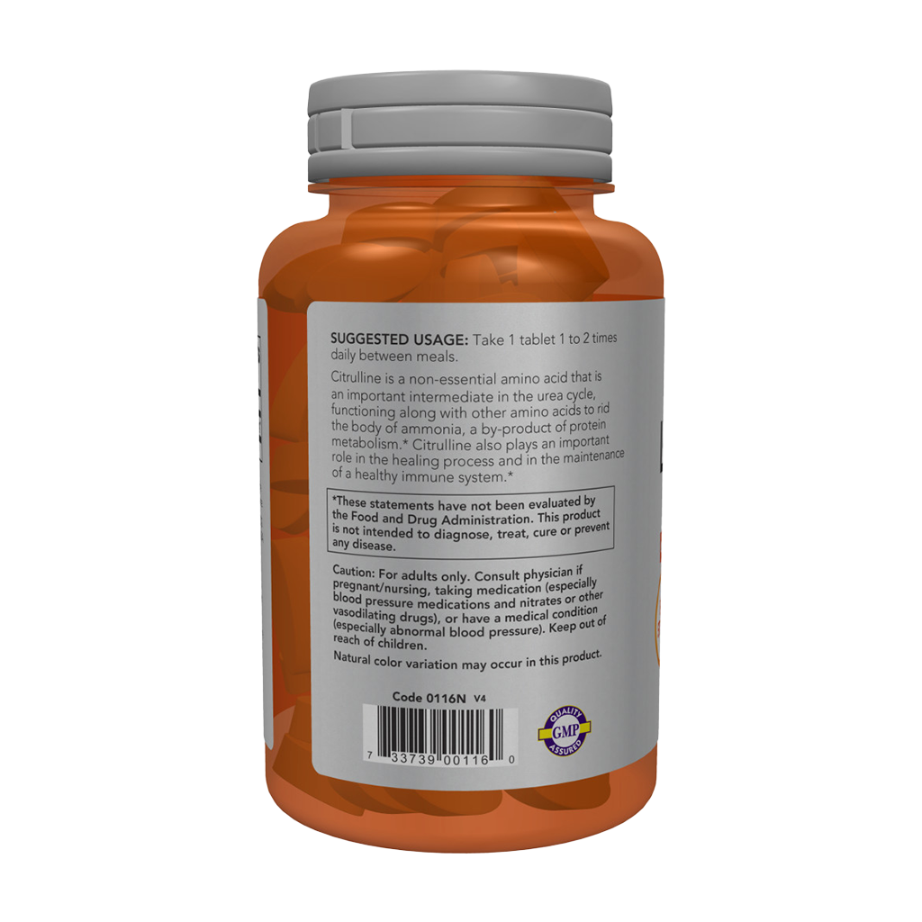 NOW Foods L-Citrullin Ekstra stærk 1200 mg (120 tabletter) side label