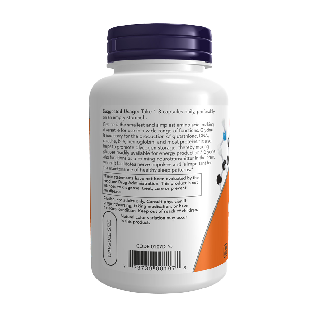 NOW Foods Glycine 1.000 mg (100 capsules) Zijkant