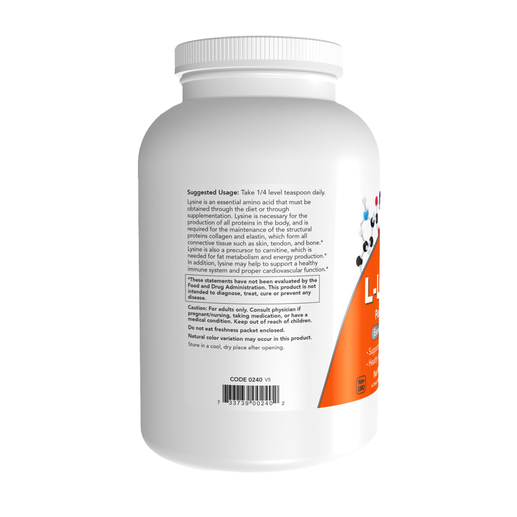 NOW-Foods-L-Lysine L-Lysine Hydrochloride Poeder 454 gram Achterkant