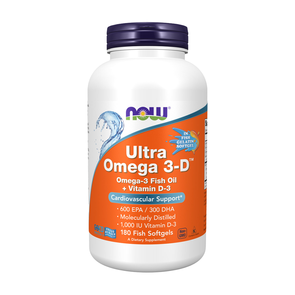 NOW Foods Ultra Omega 3-D fiskegelatine (180 softgels) front side label