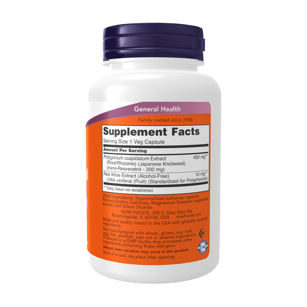 NOW Foods Resveratrol 200 mg (120 kapsler) back shot label