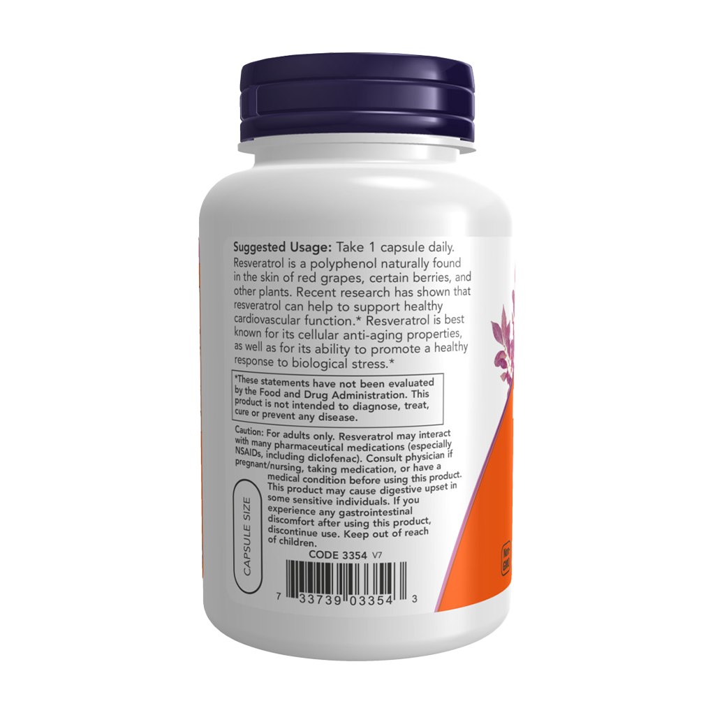 NOW Foods Resveratrol 200 mg (120 kapsler) side label