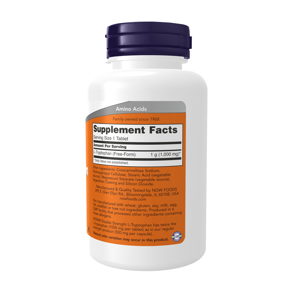 NOW Foods L-Tryptophan - dobbelt styrke 1000 mg (60 tabletter) back side label