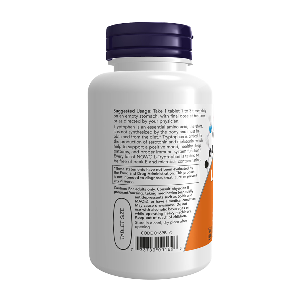 NOW Foods L-Tryptophan - dobbelt styrke 1000 mg (60 tabletter) side label