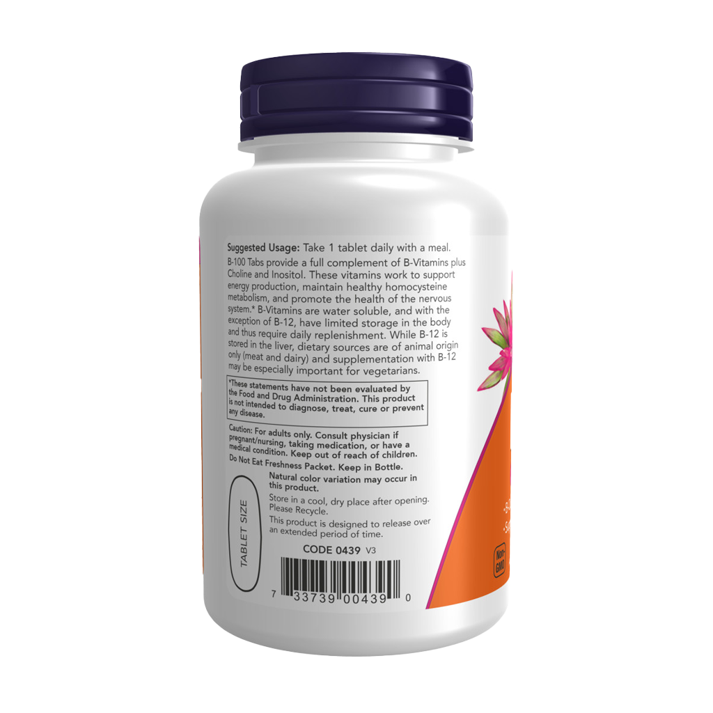 NOW Foods B-100 Vitamin B-100 langvarig frigivelse (100 tabletter) Sideside